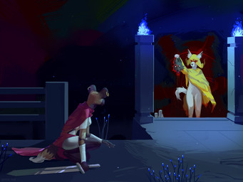 anthro blood blue_fire bodily_fluids cape clothing colored_fire crouching decapitation duo facial_markings female fence fire forehead_markings fungus glowing glowing_fungus gore head_covering head_markings male markings melee_weapon pillar sword weapon gemm sang:_the_desert_blade sang_(sang:_the_desert_blade) african_wild_dog canid canine canis mammal wolf 4:3 absurd_res hi_res