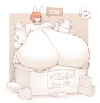 $ 5_fingers anthro areola big_breasts biped bodily_fluids book breast_rest breasts dialogue duo female fingers hair hair_over_eyes huge_breasts hyper hyper_breasts lactating milk milk_pail nipples smile solo_focus text year tartnsfw emily_(kawaiijetty) lagomorph leporid mammal rabbit 2018 artist_name english_text hi_res monochrome sepia