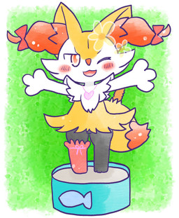 ambiguous_anthro ambiguous_gender anthro arms_out biped blush blush_stickers can container digitigrade dipstick_tail food front_view heart_necklace jewelry looking_at_viewer markings meat necklace object_in_tail one_eye_closed open_:3 open_mouth open_smile shrimp_(food) simple_background smile snout solo standing tail tail_markings wink winking_at_viewer annyui0611 nintendo pokemon braixen canid generation_6_pokemon mammal pokemon_(species) 2024 digital_drawing_(artwork) digital_media_(artwork) full-length_portrait hi_res japanese_description portrait translated_description