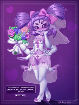 5_eyes 6_arms anthro areola armwear blush bouquet breasts bridal_lingerie clothing crotchless_clothing crotchless_panties crotchless_underwear eyelashes fangs female flower footwear front_view hand_on_hip holding_bouquet holding_flower holding_object legwear lingerie multi_arm multi_eye multi_limb navel nipples open_mouth open_smile panties pigtails plant purple_areola purple_background purple_body purple_bow purple_eyes purple_nipples shoes simple_background small_breasts smile solo stockings teeth text text_box thick_thighs underwear wedding_veil white_armwear white_clothing white_footwear white_legwear white_panties white_shoes white_stockings white_underwear wide_hips orez_art undertale undertale_(series) muffet arachnid arthropod spider 3:4 hi_res