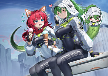 accessory animal_ears belt black_bodysuit black_clothing black_skinsuit blue_eyes blush bodily_fluids bodysuit breasts clothing eyes_closed female fingerless_gloves food food_on_face gloves green_hair hair hair_accessory hair_between_eyes handwear happy heart_symbol hood ice_cream_cone jacket long_hair medium_breasts open_mouth ponytail raised_tail red_hair sitting skinsuit smile speech_bubble sweat tail tail_scales teeth tight_clothing tissue topwear white_clothing white_jacket white_topwear haku_rege arknights arknights_endfield hypergryph studio_montagne akekuri_(arknights) fluorite_(arknights) animal_humanoid canid canid_humanoid canine canine_humanoid dog_humanoid humanoid mammal mammal_humanoid reptile reptile_humanoid scalie scalie_humanoid snake_humanoid absurd_res hi_res