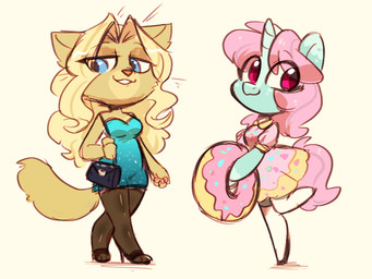 1_horn anthro blonde_hair blue_clothing blue_dress breasts chibi clothing dress duo female footwear green_body hair handbag high_heels holding_doughnut horn legwear on_one_leg pantyhose pink_hair red_eyes shoes simple_background smile standing white_background oofycolorful mythology cheese_quesadilla scoops equid equine felid mammal mythological_creature mythological_equine unicorn 2020 digital_media_(artwork) hi_res