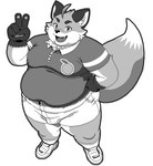 anthro belly bottomwear bulge clothing footwear gesture hand_gesture looking_at_viewer male overweight pawpads shoes shorts smile sneakers solo v_sign butti_myroom tamacolle iyo_(tamacolle) canid canine fox mammal greyscale monochrome