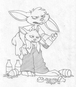 age_difference alcohol anthro barefoot beverage bottle bottomwear buckteeth clothed clothing container drunk duo eye_bags feet front_view holding_bottle holding_container holding_object ill lifted male nausea open_mouth pants shirt size_difference standing substance_intoxication teeth text topwear young young_anthro mizzyam jamie_(mizzyam) maxy lagomorph leporid mammal rabbit absurd_res english_text graphite_(artwork) greyscale hi_res monochrome traditional_media_(artwork)
