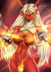 2015 absurd_res alanscampos anthro avian bird blaziken blue_eyes breasts claws featureless_breasts female fire generation_3_pokemon hi_res nintendo non-mammal_breasts nude pokemon pokemon_(species) red_body red_skin smile solo