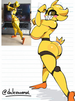 anthro bib bib_only big_breasts big_butt biped black_sclera breasts bubble_butt butt cheek_dots disembodied_tail female huge_breasts lego_brick mostly_nude notebook_paper_background photo_reference pose segmented_arms segmented_legs sharp_teeth side_boob small_waist solo teeth text under_boob yellow_body dalexnormal five_nights_at_freddy's five_nights_at_freddy's_2 lego scottgames toy_chica_(fnaf) avian bird chicken galliform phasianid robot_anthro 2024 artist_name hi_res