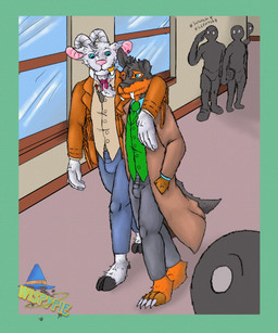 anthro arm_around_shoulders black_body black_fur blue_eyes bottomwear brown_body brown_fur clothing coat crowd digitigrade duo ear_piercing ear_ring fangs fur fur_markings grey_ears group hallway hand_in_pocket heterochromia hooves horn jacket jewelry looking_at_another male markings multicolored_body multicolored_fur necklace necktie notched_ear orange_body orange_fur pants piercing pink_sclera pockets ring_piercing shirt silhouette smile tail teeth topwear unguligrade vest walking white_body white_fur window wispypie mythology robyn_crawford warren_crawford bovid canid canine caprine goat hybrid mammal mythological_canine mythological_creature vampire werecanid werecanine werecreature werewolf 5:6 digital_drawing_(artwork) digital_media_(artwork) hi_res watermark brother_(lore) brothers_(lore) sibling_(lore)