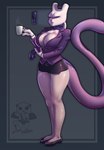 anthro areola areola_slip big_breasts breasts cellphone clothed clothing coffee_mug electronics female genitals no_underwear office_lady phone pussy pussy_peek scarf solo suit samayatagarasu nintendo pokemon mew_tuely_(fan_character) milftwo generation_1_pokemon legendary_pokemon mewtwo pokemon_(species) absurd_res hi_res