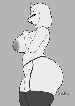 anthro areola big_breasts big_butt biped breasts butt clothing eyebrows eyelashes female garter_belt garter_straps legwear mature_female mostly_nude nipples open_mouth pupils side_view smile solo text thick_thighs thigh_highs jhenightfox undertale_(series) toriel bovid caprine mammal hi_res monochrome