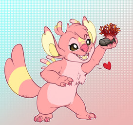 3_toes 4_fingers ambiguous_gender antennae_(anatomy) antennae_markings anthro back_spines biped brown_eyes chest_tuft claws dotted_background ear_markings eyelashes facial_markings feet finger_claws fingers forehead_markings fur gradient_background hair head_markings heart_symbol holding_rock markings multicolored_antennae open_mouth open_smile pattern_background pink_body pink_claws pink_finger_claws pink_fur pink_nose pink_toe_claws raised_arm simple_background smile solo toe_claws toes tongue translucent translucent_hair tuft yellow_inner_ear yellow_markings yellow_tongue lumiidragon disney lilo_and_stitch fan_character pheobe_(eeriecipher) alien anthozoan aquatic cnidarian coral experiment_(lilo_and_stitch) 2025 digital_drawing_(artwork) digital_media_(artwork) flat_colors hi_res female_(lore)