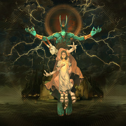 anthro athletic blue_body blue_skin bottomwear clothing crown electricity floating group hair halo headgear island jewelry long_ears long_nails looking_at_viewer magic_user male mask open_mouth religion robe sea skirt sky teeth trio vein water yellow_eyes unknown_artist saviorless_(empty_head_games) nento_(saviorless) asinus donkey equid equine human mammal 1:1 absurd_res hi_res official_art