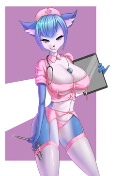 anthro big_breasts breasts clothed clothing female fur hair headgear headwear legwear looking_at_viewer medical_instrument medical_syringe navel nurse nurse_clothing nurse_uniform scientific_instrument smile solo stethoscope syringe tablet tablet_computer uniform miklia apple_inc. ipad nintendo star_fox krystal_(star_fox) canid canine fox mammal hi_res
