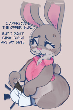 anthro biped bottomless bottomless_anthro bottomless_female bottomwear buckteeth clothed clothing dialogue ellipsis emanata exclamation_point eyelashes eyes_closed female female_anthro grey_body grey_ears grey_tail holding_bottomwear holding_clothing holding_object holding_shorts mature_anthro mature_female multicolored_body open_mouth pink_clothing pink_inner_ear pink_nose pink_shirt pink_topwear shirt shirt_only short_tail shorts simple_background solo standing tail teeth text thick_thighs three-quarter_view topwear topwear_only two_tone_body wide_hips ligma_(artist) disney zootopia bonnie_hopps lagomorph leporid mammal rabbit 2024 archived_source digital_drawing_(artwork) digital_media_(artwork) english_text guide_lines hi_res portrait three-quarter_portrait