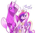 duo feral hair horn multicolored_hair simple_background text white_background wings peachmichea friendship_is_magic hasbro mia_and_me my_little_pony mythology heart_unicorn_(mia_and_me) princess_cadance_(mlp) classical_unicorn equid equine mammal mythological_creature mythological_equine unicorn winged_unicorn crossover english_text hi_res