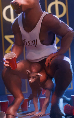 alcohol all_fours animal_genitalia animal_penis anthro balls beverage bodily_fluids bottomless bottomless_anthro bottomless_male canine_genitalia canine_penis clothed clothing container cup duo equine_genitalia erection fully_sheathed fur genital_fluids genitals holding_container holding_cup holding_object hooves leaking_precum male male/male nude penis precum sheath shirt sitting sitting_on_another size_difference smile tail tank_top tea_bagging teeth topwear sidekick canid canine canis equid equine horse mammal wolf absurd_res digital_media_(artwork) hi_res