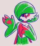 abs blush eyeliner eyeshadow green_body green_hair hair heart_(marking) looking_at_hand makeup male markings red_eyes scarf simple_background slightly_muscular solo white_body susuoro nintendo pokemon dyhot_(s-f-d) gardevoir generation_3_pokemon pokemon_(species) hi_res