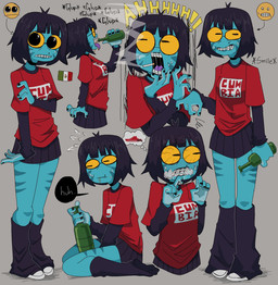 anthro blue_body bodily_fluids bottomwear breasts clothed clothed_anthro clothed_female clothing directional_arrow emoji eyewear female female_anthro fingers foaming_at_mouth footwear forced_smile front_view glasses glup grey_background hair lips markings mole_(marking) mouth_closed non-mammal_breasts open_mouth purple_tongue red_clothing red_shirt red_topwear round_glasses shirt shoes simple_background skirt solo speech_bubble sweat teeth tongue topwear wearing_glasses zzzilart zul_(zzzilart) amphibian frog 2025 digital_drawing_(artwork) digital_media_(artwork) hi_res