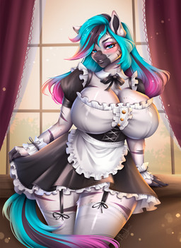 anthro black_hair blue_eyes blue_hair breasts cleavage clothed clothing eyeshadow female hair highlights_(coloring) legwear maid_uniform makeup pink_eyeshadow pink_highlights solo stockings uniform white_clothing white_legwear white_stockings ashimaroo equid equine mammal zebra 2026 hi_res