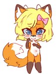 accessory anthro blonde_hair blue_eyes blush bow_(feature) bow_accessory bow_ribbon female flat_chested fur genitals hair hair_accessory hair_bow hair_ribbon looking_at_viewer navel nipples nude orange_body orange_fur pussy ribbons solo standing young young_anthro young_female aoizuri katinka canid canine fox mammal red_fox true_fox 3:4 low_res