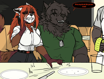 anthro asphyxiation black_body black_fur black_hair black_sclera bodily_fluids booth bottomwear brown_body brown_fur choking clenched_teeth clothed clothed_anthro clothed_female clothed_male clothing collared_shirt container cup detailed_background dialogue dog_tags drooling duo eyes_closed female female_anthro fur furniture glass glass_container glass_cup gloves_(marking) green_clothing green_shirt green_topwear hair male male/female male_anthro markings mostly_offscreen_character muscular muscular_anthro muscular_male open_mouth orange_eyes orange_hair plate restaurant saliva sharp_teeth shirt sitting speech_bubble strangling table tail teeth text topwear white_clothing white_collared_shirt white_shirt white_topwear butcher_pal adam_manchester hazrapanda ailurid canid canine canis hybrid mammal procyonid raccoon red_panda wolf 2026 colored digital_drawing_(artwork) digital_media_(artwork) english_text hi_res