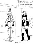 anthro boots breasts clothed clothing dialogue duo female footwear garage_door high_heeled_boots high_heels machine maid_uniform outside shoes text uniform tegerio robota_(tegerio) canid canine fox mammal robot english_text hi_res monochrome