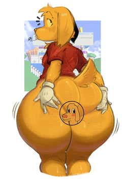 anthro big_butt black_eyes blonde_hair blush blush_lines bodily_fluids bottomless butt censored_by_face clothed clothing fur gloves hair hand_on_butt hand_on_own_butt handwear looking_away male musical_note musical_symbol orange_nose partially_clothed presenting presenting_hindquarters rear_view red_clothing red_shirt red_t-shirt red_topwear shirt solo spread_butt spreading standing sweat symbol t-shirt tail thick_thighs topwear whistling white_clothing white_gloves white_handwear yellow_body yellow_ears yellow_fur yellow_sclera yellow_tail basicsdan glitch_productions the_amazing_digital_circus caine_(tadc) scratch_(tadc) bird_dog canid canine canis domestic_dog golden_retriever hunting_dog mammal retriever 2026 censored digital_media_(artwork) hi_res