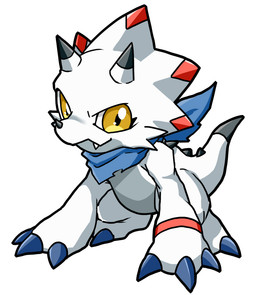 anthro claws crouching horn kerchief male neckerchief neckwear simple_background solo tail white_background white_body yellow_eyes shiki_digi bandai_namco digimon digimon_(species) gammamon