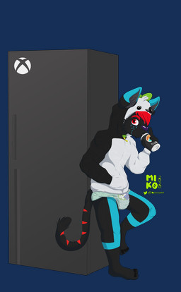 against_object animal_hood anthro appliance arms_bent bent_leg beverage black_body black_fur clothed clothing container diaper drinking electronics fridge fur game_console hand_in_pocket holding_beverage holding_container holding_object hood hoodie kitchen_appliance looking_at_viewer male on_one_leg pockets raised_foot raised_hand solo standing straight_leg topwear tucked_arm wearing_diaper xbox_console nikosita bepis microsoft xbox xbox_game_studios xbox_series_x xbox_series_x/s doki_(character) dokifur 2020 absurd_res alpha_channel digital_media_(artwork) hi_res