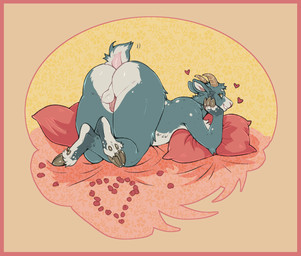 anthro ass_up backsack balls crossed_ankles genitals heart_symbol holidays hoof_hands hooves horn leaning_on_hand looking_at_viewer looking_back lying male on_front penis raised_tail short_tail solo tail tail_wiggle kinksiyo valentine's_day thesphur_(thesphur) bovid caprine goat mammal hi_res