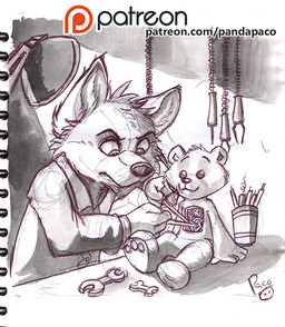 anthro cheek_tuft clothed clothing facial_tuft glistening glistening_eyes head_tuft inside lamp logo machine male male_anthro mouth_closed patreon_logo screwdriver solo text tinkering tools tuft wrench pandapaco patreon canid canine mammal robot artist_logo signature spot_color url