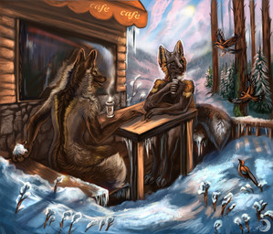4_toes ambiguous_gender anthro beverage black_body black_claws black_countershading black_eyes black_feathers black_fur black_lips black_markings black_nose brown_body brown_fur building butt claws cloud coffee container countershading cup day detailed_background detailed_feathers detailed_fur digitigrade dipstick_tail duo_focus eye_contact fangs feathers feet feral flying forest front_view fur furniture gloves_(marking) green_eyes grey_body grey_fur group hindpaw holding_container holding_cup holding_object humanoid_hands ice inner_ear_fluff leg_markings light lips long_mouth looking_at_another looking_away looking_forward looking_up markings multicolored_body multicolored_feathers multicolored_tail no_sclera open_mouth orange_body orange_feathers orange_fur outside paws plant rear_view reflection reverse_countershading romantic romantic_ambiance romantic_couple scenery shadow sitting size_difference sky snout snow snowball socks_(marking) standing steam sun sunlight table tail tail_markings teeth text toes tree tuft whiskers white_body white_claws white_countershading white_feathers white_fur window winter yellow_body yellow_eyes yellow_fur yellow_markings flashw lightning_(lightning1109) tvorsk avian bird canid canine cross_fox fox mammal red_fox true_fox 2015 detailed digital_media_(artwork) digital_painting_(artwork) english_text painting_(artwork)