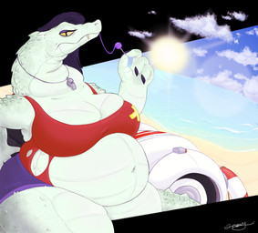 4_fingers anthro beach belly big_belly big_breasts biped bodily_fluids bottomwear breasts candy car claws cleavage clothed clothing cloud countershade_torso countershading cutout dessert eyelashes eyeshadow fangs female fingers food green_body green_scales hair holding_food holding_object huge_breasts leaning leaning_backward lifeguard lollipop long_hair looking_at_viewer makeup midriff narrowed_eyes navel non-mammal_breasts one-piece_swimsuit outside overweight overweight_anthro overweight_female purple_hair saliva saliva_string sand scales sea seaside shorts side_cutout sitting solo sun swimwear teeth thick_neck thick_thighs torn_clothing vehicle water whistle_(object) wide_hips yellow_sclera josomez alligator alligatorid crocodilian reptile scalie 2020 absurd_res digital_media_(artwork) hi_res portrait three-quarter_portrait