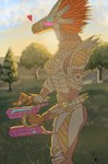 armor female holding_object holding_weapon petting sunrise weapon 028-mendicantspire halo_(series) microsoft xbox_game_studios kel_(028-mendicantspire) alien avian bird kig-yar scalie t'vaoan absurd_res hi_res warm_colors