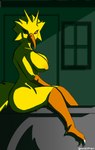 anthro balcony breasts female hair looking_at_viewer nipples nude orange_nipples outside solo spiky_hair yellow_body worldofpaint nintendo pokemon avian generation_1_pokemon legendary_pokemon pokemon_(species) zapdos absurd_res hi_res