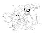 anthro bed blush claws crossover_ship cuddling dialogue duo eyes_closed female fingers furniture hand_behind_head male male/female mask on_bed smile text mhdrawin ghoul_school hanna-barbera marvel mythology scooby-doo_(series) spider-man_(series) spider-man_(character) winnie_werewolf_(ghoul_school) canid canine canis human mammal mythological_canine mythological_creature were werecanid werecanine werewolf wolf crack_ship 2022 black_and_white crossover english_text hi_res monochrome