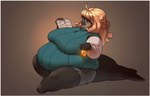 anthro belly big_belly big_breasts black_body black_tail book breasts clothed clothing female hair holding_object obese obese_anthro obese_female overweight overweight_anthro overweight_female potion simple_background solo tail cozynakovich cetacean mammal marine