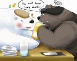 anthro blush brown_body brown_fur duo eyes_closed fur male text white_body white_fur shimesaba551 shirokuma_cafe grizzly_(shirokuma_cafe) shirokuma bear mammal polar_bear ursine 2014 5:4 english_text