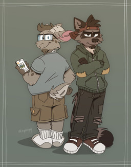 anthro backwards_baseball_cap backwards_hat baseball_cap black_body black_bottomwear black_clothing black_fur black_hair black_nose black_pants bottomwear brown_body brown_bottomwear brown_clothing brown_fur brown_hair brown_shorts cargo_shorts cellphone clothed clothing clothing_patches clothing_tag denim denim_bottomwear denim_clothing duo electronics eyewear facial_hair footwear fully_clothed fur glasses goatee green_clothing green_hoodie green_topwear grey_background grey_clothing grey_shirt grey_t-shirt grey_topwear hair hat headgear headwear holding_cellphone holding_object holding_phone holes_in_clothing hoodie jeans male markings overweight overweight_male pants pants_pockets phone red_baseball_cap shirt shoelaces shoes shorts simple_background smile sneakers socks spots spotted_markings striped_markings stripes t-shirt topwear torn_bottomwear torn_clothing torn_jeans torn_pants white_clothing white_footwear white_shoelaces white_shoes white_socks tinydeerguy gary_(tinydeerguy) sam_(tinydeerguy) bovid caprine goat mammal procyonid raccoon digital_media_(artwork) hi_res