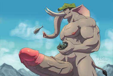 anthro big_penis circumcised extreme_size_difference genitals huge_penis hyper hyper_genitalia hyper_penis macro male muscular pecs penis proboscis_(anatomy) size_difference solo trunk_(anatomy) tusks vein veiny_penis wolfsecret elephant elephantid mammal proboscidean hi_res