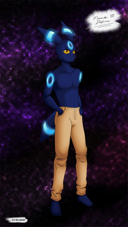anthro biped black_nose blue_body blue_hair bottomwear clothed clothing denim denim_bottomwear denim_clothing feet hair hands_behind_head jeans lights male male_anthro pants pecs pose shy slim smile solo space standing topless topless_anthro topless_male yellow_eyes fernandojcdraftsman nintendo pokemon eeveelution generation_2_pokemon pokemon_(species) shiny_pokemon umbreon absurd_res hi_res pinup