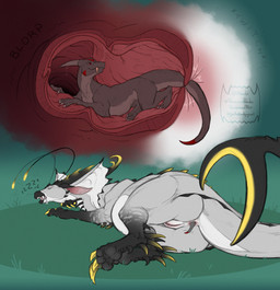 ambiguous_gender anal anal_vore anus claws duo female female/ambiguous feral feral_on_feral feral_pred feral_prey genitals grey_body internal larger_pred lying markings on_grass on_side quadruped size_difference sleeping unaware_pred vore vulva willing_prey yellow_claws yellow_markings voraciousollie mythology dragon mythological_creature mythological_scalie scalie colored hi_res story story_in_description