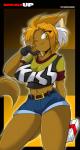 amber_eyes anthro big_breasts bottomwear breasts brown_body brown_fur clothed clothing female fur hair huge_breasts inner_ear_fluff orange_hair shirt short_hair shorts solo thick_thighs topwear tuft wide_hips mastergodai knuckle_up! alexis_(mastergodai) felid mammal hi_res