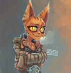 anthro belt belt_buckle breasts breath buckle clothing cowl eyebrows eyelashes fangs female fingerless_gloves fur gloves handwear hood hooded_jacket looking_at_viewer orange_body orange_fur sharp_teeth smile solo stripes teeth thief zer0frost bethesda_game_studios microsoft skyrim the_elder_scrolls orange_ringtail_thief felid khajiit mammal half-length_portrait portrait