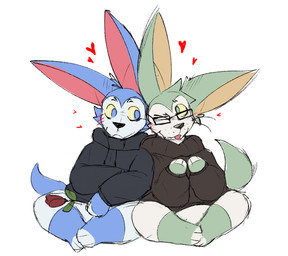 anthro black_clothing black_hoodie black_topwear blue_body blue_fur blue_tail blush brown_clothing brown_hoodie brown_topwear clothing crossed_legs duo eyewear flower fur glasses green_body green_fur green_tail heart_symbol holding_object hoodie looking_at_another looking_at_partner love male male/male one_eye_closed plant romantic romantic_couple rose_(flower) simple_background sitting smile tail tongue tongue_out topwear tuft whiskers wink winking_at_partner kreivi_ruche nintendo pokemon delisylvi_(character) polveon_(character) eeveelution generation_6_pokemon mammal pokemon_(species) shiny_pokemon sylveon sketch