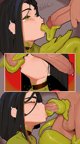 ball_lick ball_suck balls balls_in_mouth barbell_piercing big_penis big_tongue black_eyebrows black_hair blowjob_face blush bodily_fluids bodily_fluids_on_penis choker close-up duo ear_piercing erection eyebrows eyelashes eyes_closed fellatio female female_humanoid female_penetrated fingers genital_fluids genital_raphe genitals glans green_body green_eyes green_skin green_tail green_tongue hair half-closed_eyes hand_on_penis heart_symbol holding_own_penis holding_penis human_on_humanoid human_penetrating human_penetrating_humanoid humanoid_genitalia humanoid_penetrated humanoid_penis interspecies jewelry large_tongue licking licking_another licking_partner lidded_eyes light_body light_skin lips long_tongue looking_at_another looking_at_partner looking_offscreen looking_up looking_up_at_another looking_up_at_partner male male/female male_human male_penetrating male_penetrating_female moan narrowed_eyes necklace noisy_oral nubbed_tongue nude nude_human nude_male open_mouth oral oral_penetration oral_tugging penetration penile penile_penetration penis penis_in_mouth piercing precum raphe_(anatomy) saliva saliva_on_penis saliva_on_tongue scrotal_raphe sex sex_shot side_view slurping sound_effects sucking sweat tail teeth thick_penis tongue tongue_around_balls tongue_around_penis tongue_on_balls tongue_on_penis tongue_out tongue_out_fellatio tongue_wrap tongue_wrapped_around_penis tonguejob unusual_anatomy unusual_tongue vein veiny_penis wet wet_penis wet_tongue naxius_noxy tili_(grmm) animal_humanoid human humanoid mammal reptile reptile_humanoid scalie scalie_humanoid 2026 comic digital_media_(artwork) english_description hi_res