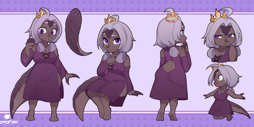 anthro claws clothed clothing crown female fully_clothed grumpy hair headgear open_mouth purple_eyes scales simple_background sitting solo standing tail white_hair sonofan mythology dragon mythological_creature mythological_scalie scalie absurd_res hi_res model_sheet