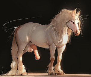 amber_eyes animal_genitalia animal_penis balls blonde_hair equine_genitalia equine_penis erection feathering feral fluffy fluffy_tail fur genitals hair hooves long_hair looking_at_viewer male male_feral medial_ring penis pink_body pink_penis quadruped saggy_balls side_view simple_background solo tail tan_balls tan_body 64k equid equine horse mammal hi_res
