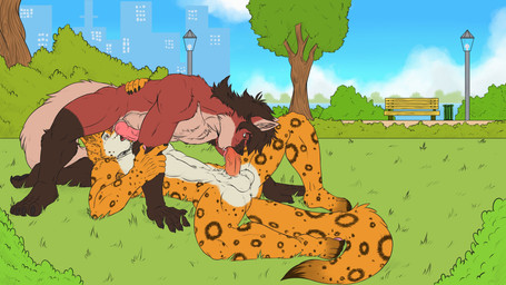 69_position all_fours animal_genitalia animal_penis anthro anus balls canine_genitalia canine_penis clothed clothing duo erection feet fellatio fingers fur genitals hair half-closed_eyes knot licking male male/male male_penetrated male_penetrating male_penetrating_male markings narrowed_eyes nude open_mouth oral oral_penetration outdoor_nudity outside outside_sex park penetration penile penile_penetration penis penis_lick plant public public_sex sex spots spotted_body spotted_fur spread_legs spreading tail toes tongue tongue_out likangel canid canine canis cheetah felid feline fox mammal absurd_res digital_media_(artwork) hi_res
