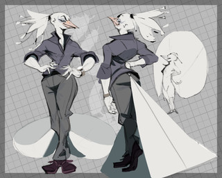 anthro big_tail bottomwear clock clothing feathers footwear fur hair male pants ponytail pose shirt shoes smug smug_face solo tail topwear watch white_body white_fur jdoe_p avian bird galliform peafowl phasianid hi_res model_sheet