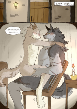 anal anal_penetration anthro bedroom black_nose blush blush_lines bodily_fluids brown_body brown_fur candlelight claws curling_toes dialogue duo eyes_closed facial_scar feet flashback fluffy fluffy_tail fur grey_body grey_fur kemono knight light male male/male male_penetrated male_penetrating male_penetrating_male medieval military motion_lines no_pupils nude nude_anthro nude_male on_lap penetration pink_nose pointy_ears scar scars_all_over sex sitting_on_another sitting_on_lap size_difference smaller_penetrated soldier tail tan_body tan_fur tears tears_of_pleasure text toe_claws warrior white_body white_fur lovebuffpg45 canid canine canis mammal wolf 2026 absurd_res comic english_text hi_res